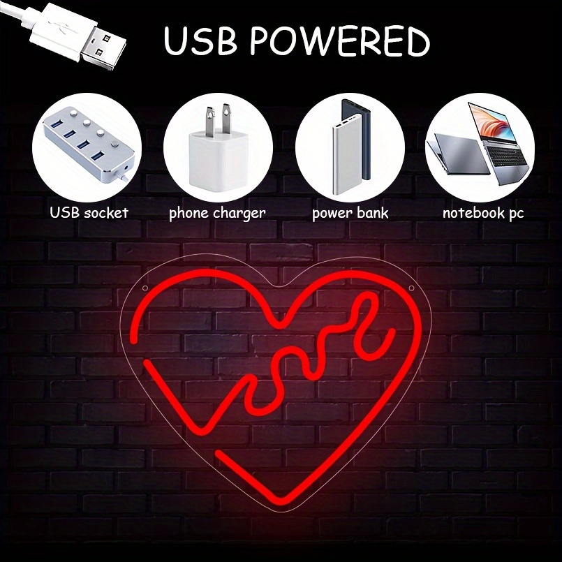 1 pc Love Heart LED Neon Sign, Ambient Wall Decoration Neon Sign for Weddings, Engagement Parties, Offices, Game Rooms, Families, Clubs, Living Rooms, Bars, Bedrooms and Home Wall Decorations, Preferred for Friends and Family's Birthdays and Holiday Gifts, USB Powered Illuminated Sign Hanging Unit, 5V USB Power Supply - 图片 4