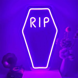 1 pc Purple Mirror RIP Coffin Halloween Wall Neon Decoration, Dimmable LED Halloween Ambiance Wall Decoration Neon Sign, Great for Halloween Party, Bedroom, Birthday Party, Bar, Shop, Game Room, Club, Room, Friends Gathering Wall Decorations, Preferred as a friend's family birthday and Halloween Gift, USB Powered Light Up Sign Hanging Unit, 5V USB Power Supply
