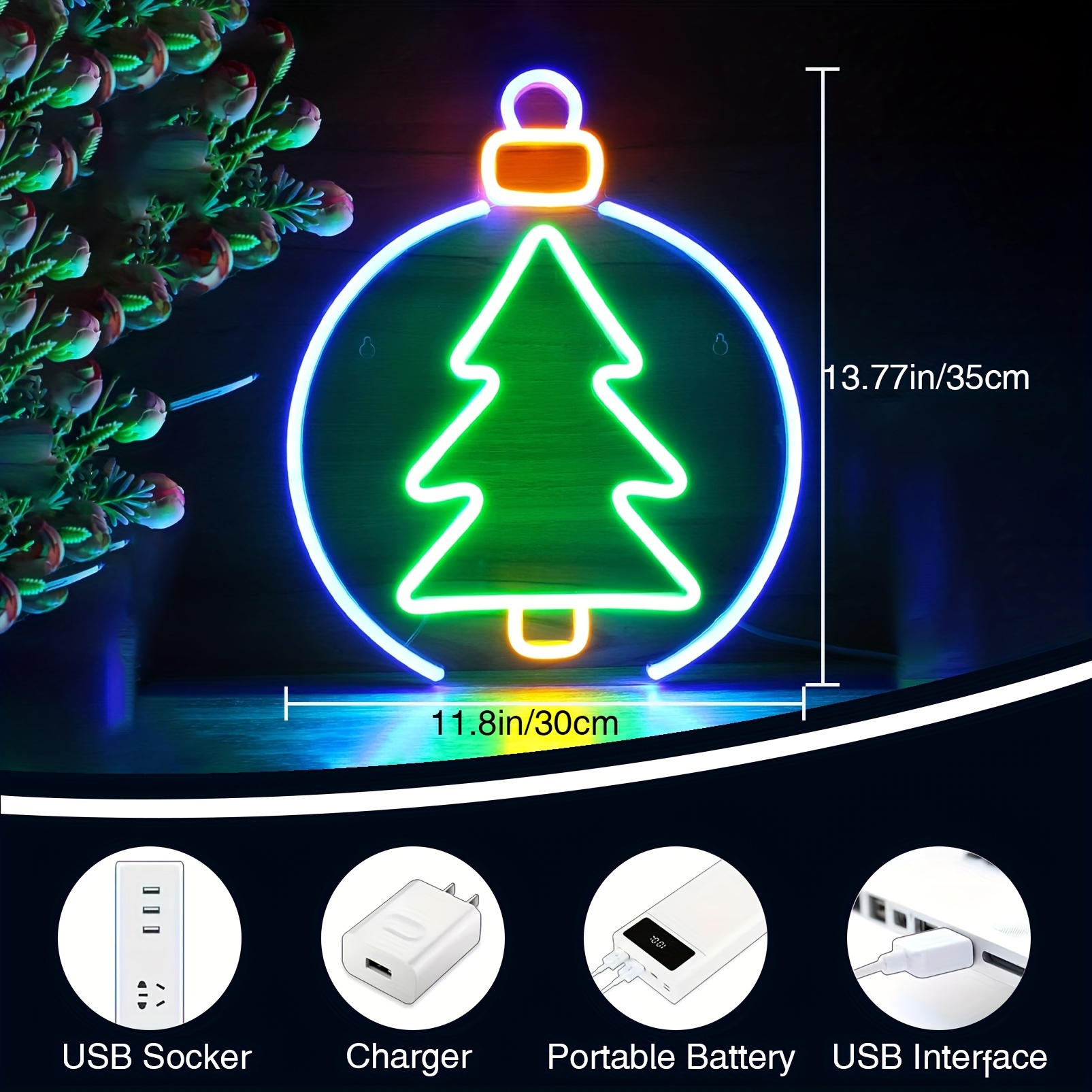 1 pc Christmas Tree Wall Neon Sign, Dimmable LED Christmas Atmosphere Wall Decor Neon Sign, Perfect for Christmas Parties, Bedrooms, Birthday Parties, Bars, Shops, Game Rooms, Clubs, Rooms, Friends Gatherings Wall Decor, Top Choice as Birthday or Christmas Gift for Friends and Family, USB-Powered Illuminated Sign Hanging Kit, 5V USB Power Supply - 图片 3