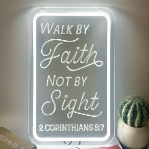 1 pc Walk By Faith Not By Sight LED Neon Sign, 3D Engraving, Christian Wall Decoration Neon Sign for Hallway, Office, Home, Club, Bedroom and Home Wall Decoration, Preferred as Birthday and Holiday Gifts for Friends and Family, USB Powered Illuminated Sign Hanging Unit, 5V USB Power Supply