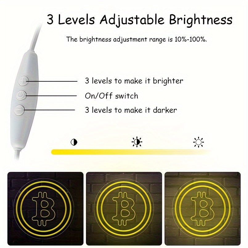 1 pc Bitcoin LED neon sign, 3D engraving, virtual currency ambient wall decoration neon sign for shops, banks, financial companies, bars, parties, offices, game rooms, families, clubs, living rooms, bedrooms, and home wall decorations, preferred as friends and family's birthdays, Bitcoin hobby gifts, USB powered illuminated sign hanging device, 5V USB power supply - 图片 5