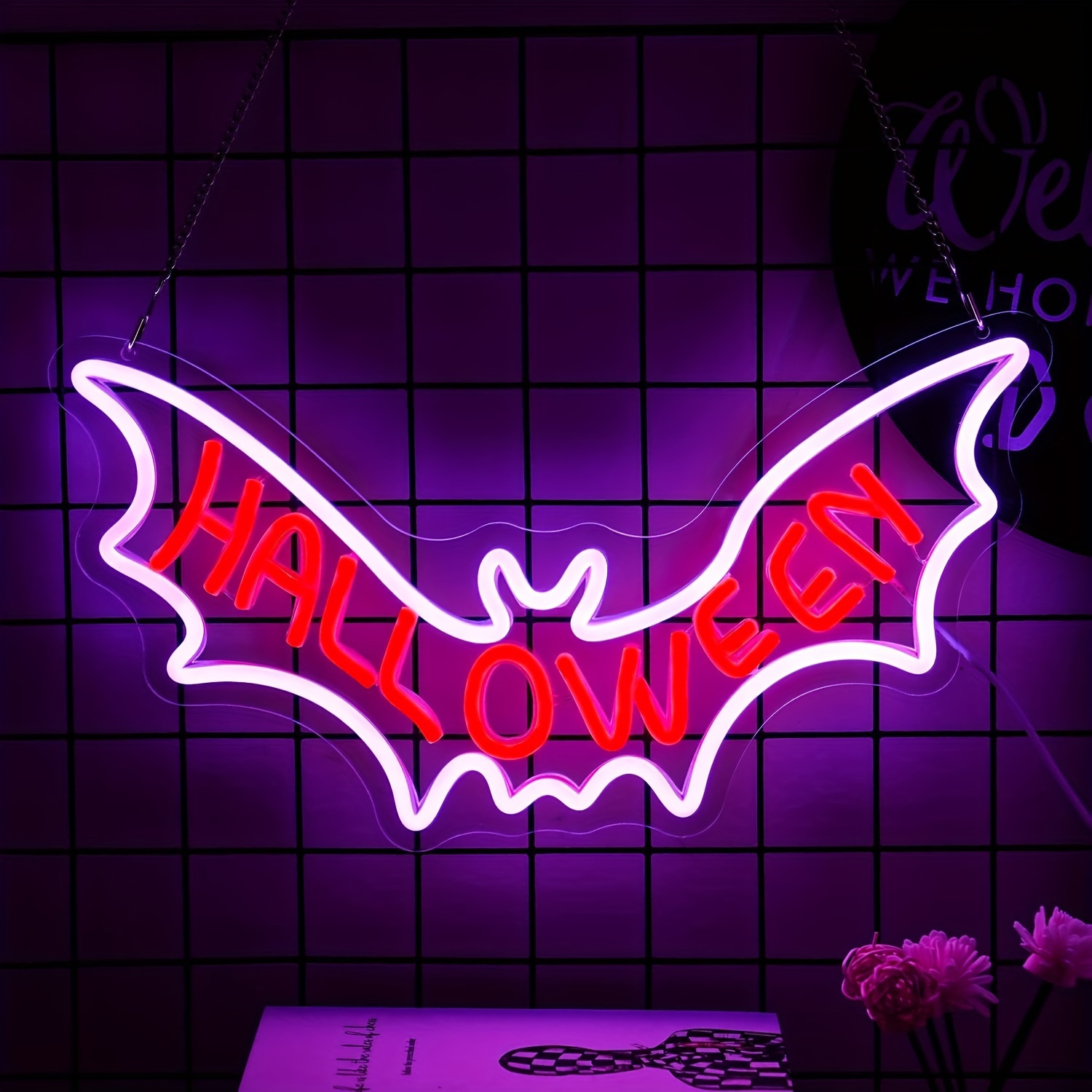 1 pc Bat Halloween Wall Neon Decoration, Dimmable LED Halloween Ambiance Wall Decoration Neon Sign, great for Halloween parties, bedrooms, birthday parties, bars, shops, rooms, friends party wall decorations, as a friend's family birthday, Halloween gift preferred, USB powered light up sign hanging device, 5V USB power supply - 图片 4