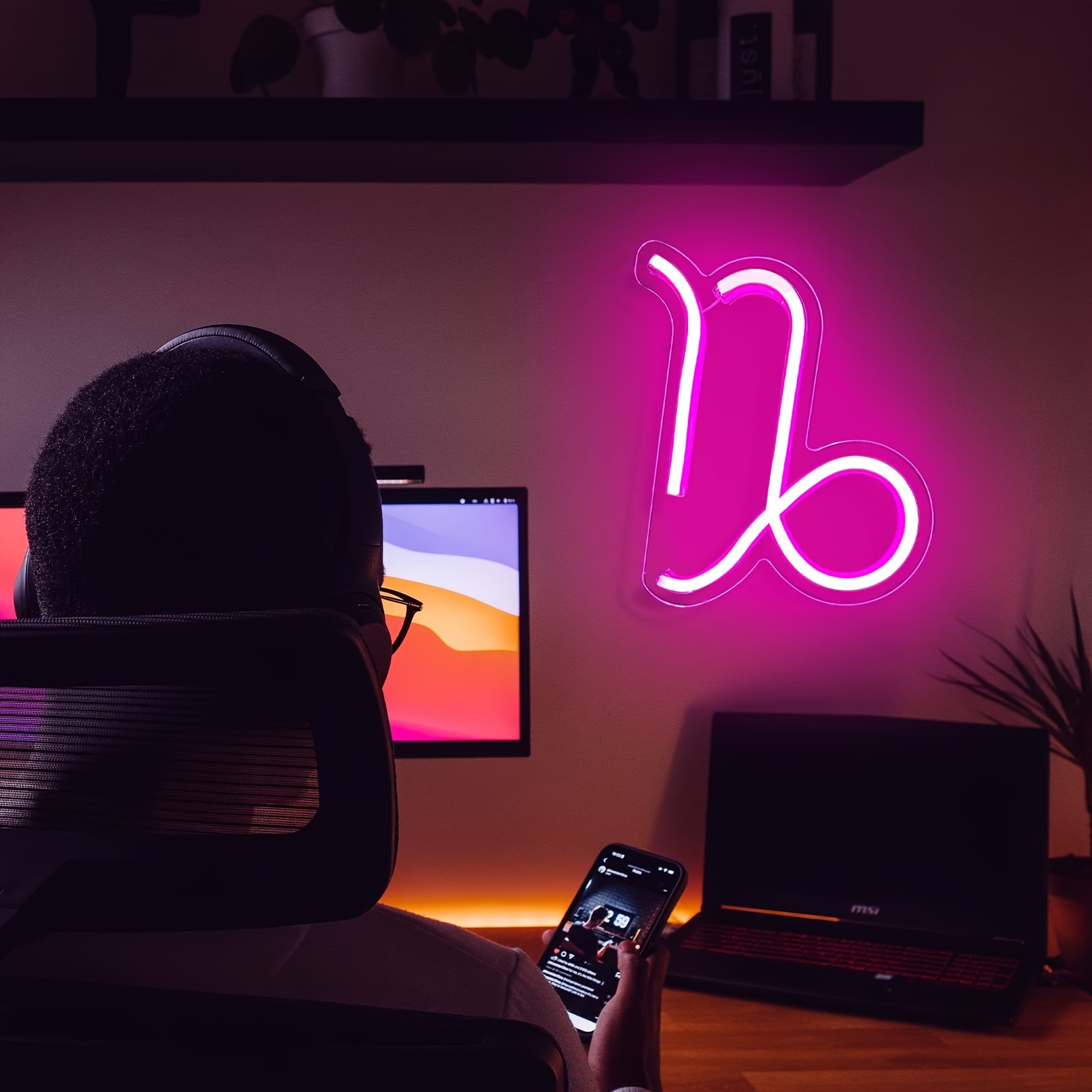 1 pc The Capricorn LED Neon Sign, Astrology Horoscope Ambiance Wall Decoration Neon Sign for Home, Party, Living Room, Bar, Club, Game Room, as Birthday, Holiday Gift, Bedroom and Home Wall Decoration, USB Powered Illuminated Sign Hanging Unit, 5V USB Power Supply - 图片 2