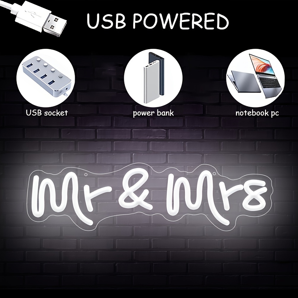 1 pc Mr & Mrs LED Neon Sign, Wall Decor Neon Illuminated Sign for Weddings, Anniversary Parties, Living Rooms, Engagements, Bedrooms and Home Wall Decor Neon Signs, 5 V USB Power Supply - 图片 4