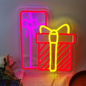 1 pc Christmas Present box wall neon decoration, dimmable LED Christmas ambience wall decoration neon sign, perfect for Christmas party, bedroom, birthday party, bar, shop, game room, club, room, friends party wall decoration, as a friend's family birthday, Christmas gift first choice, USB powered light up sign hanging device, 5V USB power supply