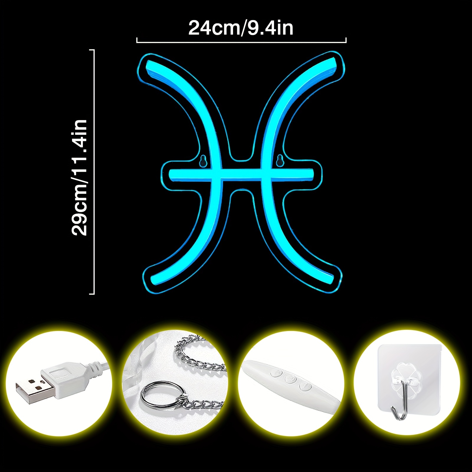 1 pc The Pisces LED Neon Sign, Astrology Horoscope Ambiance Wall Decoration Neon Sign for Home, Party, Living Room, Bar, Club, Game Room, as Birthday, Holiday Gift, Bedroom and Home Wall Decoration, USB Powered Illuminated Sign Hanging Unit, 5V USB Power Supply - 图片 3