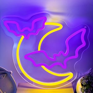 1 pc Moon and Bat Halloween Wall Neon Decoration, Dimmable LED Halloween Ambiance Wall Decoration Neon Sign, great for Halloween parties, bedrooms, birthday parties, pubs, shops, games rooms, clubs, rooms, friends party wall decorations, as a first choice for friends and family birthday and Halloween gifts, USB powered illuminated sign hanging unit, 5V USB power supply