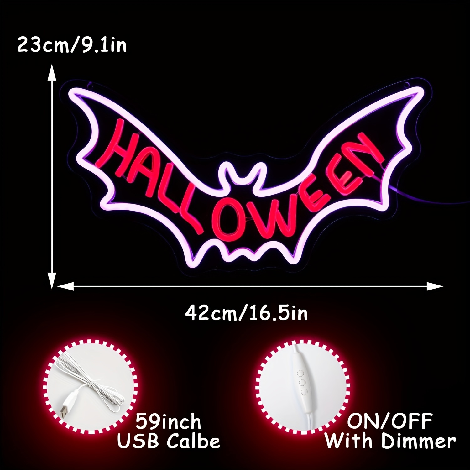 1 pc Bat Halloween Wall Neon Decoration, Dimmable LED Halloween Ambiance Wall Decoration Neon Sign, great for Halloween parties, bedrooms, birthday parties, bars, shops, rooms, friends party wall decorations, as a friend's family birthday, Halloween gift preferred, USB powered light up sign hanging device, 5V USB power supply - 图片 3