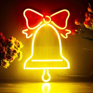 1 pc Christmas Bell with Ribbon Wall Neon Sign, Dimmable LED Christmas Atmosphere Wall Decor Neon Sign, Perfect for Christmas Parties, Bedrooms, Birthday Parties, Bars, Shops, Game Rooms, Clubs, Rooms, Friends Gatherings Wall Decor, Top Choice as Birthday or Christmas Gift for Friends and Family, USB-Powered Illuminated Sign Hanging Kit, 5V USB Power Supply