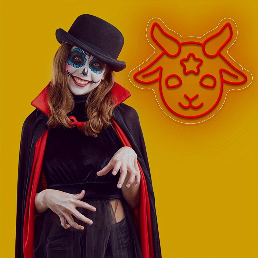1 pc Lamb Demon Halloween Wall Neon Decoration, Dimmable LED Halloween Ambiance Wall Decoration Neon Sign, great for Halloween parties, bedrooms, birthday parties, bars, shops, game rooms, clubs, rooms, friends party wall decorations, as a friend's family birthday, Halloween gift first choice, USB powered light up sign hanging device, 5V USB power supply - 图片 2