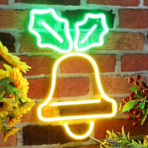 1 pc Christmas bells wall neon decoration, dimmable LED Christmas ambience wall decoration neon sign, perfect for Christmas parties, bedrooms, birthday parties, pubs, shops, games rooms, clubs, rooms, friends party wall decorations, as a friend's family birthday, Christmas gift first choice, USB powered light up sign hanging device, 5V USB power supply