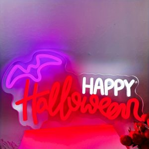 1 pc Happy Halloween with Bat Pattern Halloween Wall Neon Decoration, Dimmable LED Halloween Ambiance Wall Decoration Neon Sign, Perfect for Halloween Party, Bedroom, Birthday Party, Bar, Shop, Game Room, Club, Room, Friends Gathering Wall Decorations, as a first choice for friends and family's birthday and Halloween gifts, USB Powered Light Up Sign Hanging Unit. 5V USB power supply