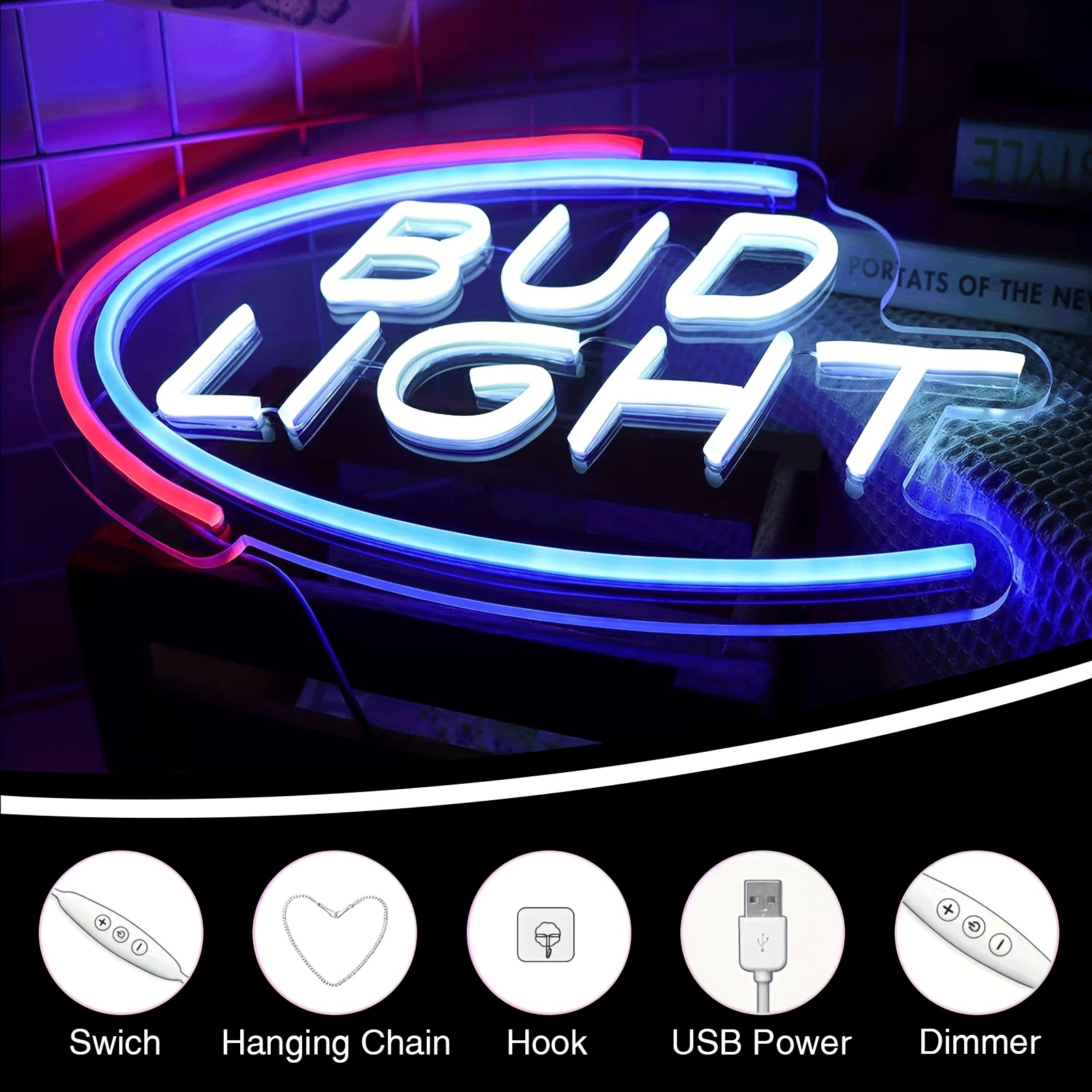 1 pc Bud Light LED Neon Sign, Wall Decor Neon Sign for Parties, Bars, Garages, Clubs, Men's Caves, Bedrooms and Home Wall Decor, 5 V USB Power Supply - 图片 4