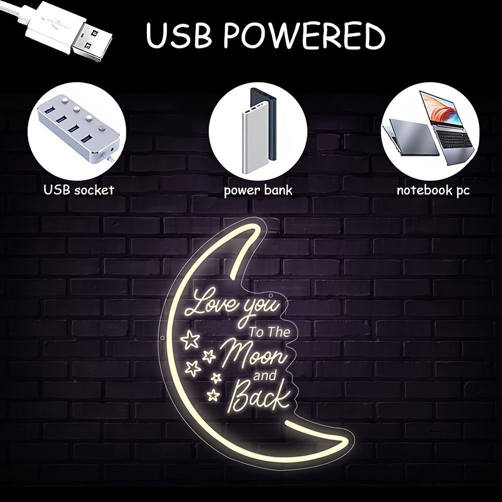 1 pc Love You To The Moon And Back LED neon sign, 3D engraving, ambient wall decoration neon sign for bars, parties, offices, homes, clubs, living rooms, bedrooms and home wall decorations, preferred choice for friends and family's birthday and holiday gifts, USB powered illuminated sign hanging device, 5V USB power supply - 图片 4