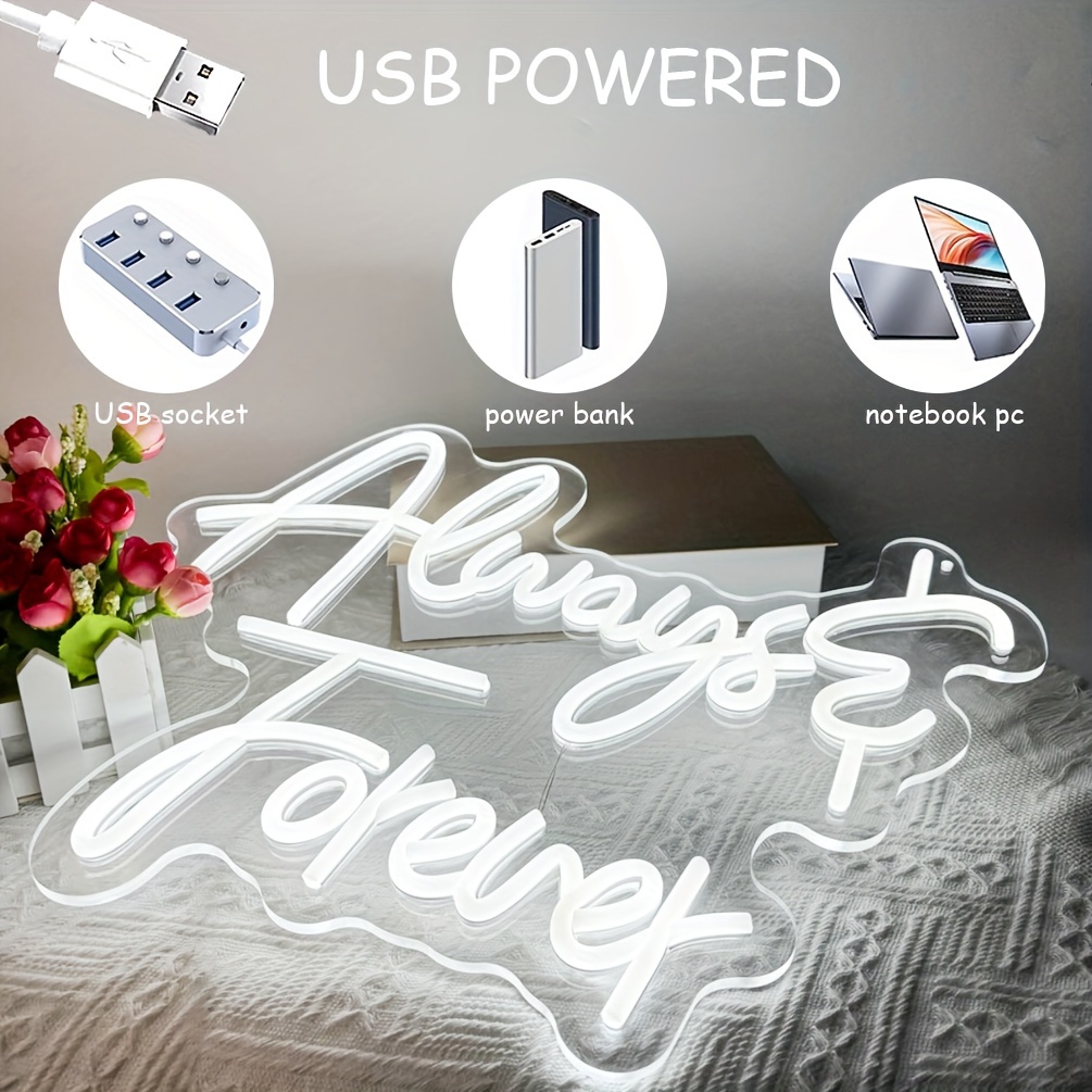 1 pc Always Forever Neon Sign White Letters LED Neon Lights, Wall Decoration White Letters Neon Sign, Great for wedding engagement party, bedroom, bar, club, room, friends gathering wall decoration, USB powered light up sign hanging device - 图片 4