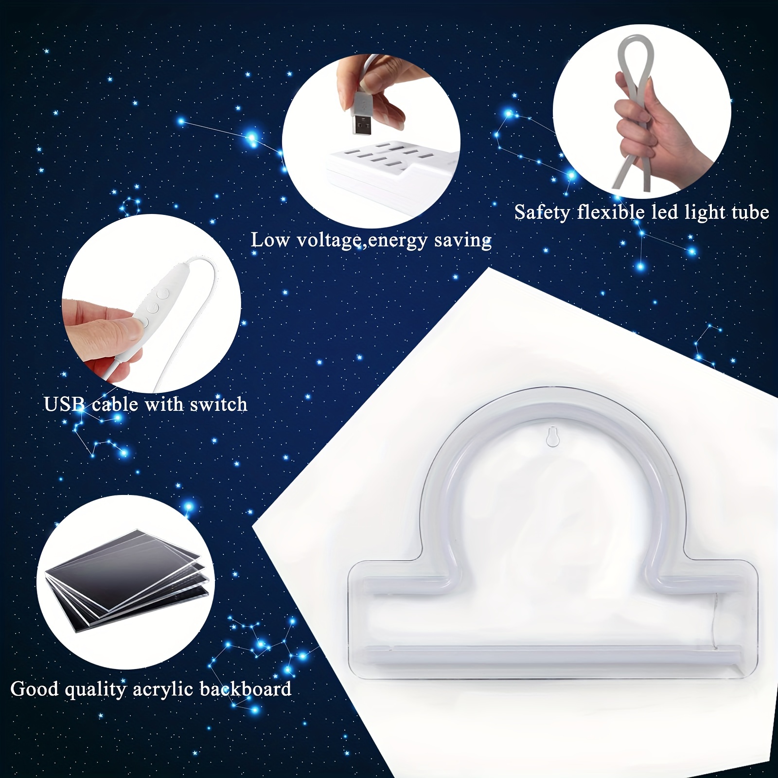 1 pc The Libra LED Neon Sign, Astrology Horoscope Ambiance Wall Decoration Neon Sign for Home, Party, Living Room, Bar, Club, Game Room, as Birthday, Holiday Gift, Bedroom and Home Wall Decoration, USB Powered Illuminated Sign Hanging Unit, 5V USB Power Supply - 图片 7
