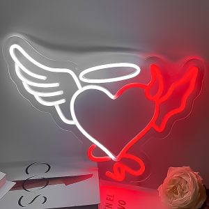 1 pc Heart Angel Devil LED neon sign, ambient wall decoration neon sign for home, party, living room, bar, club, game room, as a birthday, holiday gift, bedroom and home wall decoration, USB powered illuminated sign hanging unit, 5V USB power supply