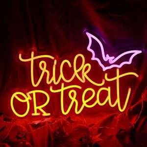 1 pc Trick or Treat Halloween Wall Neon Decoration, Dimmable LED Halloween Ambiance Wall Decoration Neon Sign, great for Halloween parties, bedrooms, birthday parties, pubs, shops, rooms, friends party wall decorations, as a friend's family birthday, Halloween gift preferred, USB powered light up sign hanging device, 5V USB power supply