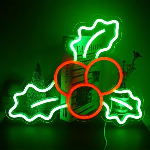 1 pc Christmas Holly Berries Wall Neon Sign, Dimmable LED Christmas Atmosphere Wall Decor Neon Sign, Perfect for Christmas Parties, Bedrooms, Birthday Parties, Bars, Shops, Game Rooms, Clubs, Rooms, Friends Gatherings Wall Decor, Top Choice as Birthday or Christmas Gift for Friends and Family, USB-Powered Illuminated Sign Hanging Kit, 5V USB Power Supply