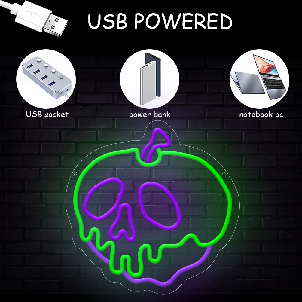 1 pc Halloween Apple Neon Signs Skull Apple LED Neon Wall Decorations, Dimmable LED Halloween Skull Decorative Lights for Halloween Parties, Bedrooms, Bars, Shops, Rooms, Clubs Wall Decorations, 5 V USB Power Supply - 图片 4