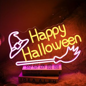 1 pc Happy Halloween Neon Halloween Wall Decoration with Witch Hat and Magic Broom, Dimmable LED Halloween Ambiance Wall Decoration Neon Sign, perfect for Halloween parties, bedrooms, birthday parties, bars, shops, game rooms, clubs, rooms, friends party wall decorations, as a friend's family birthday, Halloween gift preferred, USB powered light up signage Hanging device, 5V USB power supply