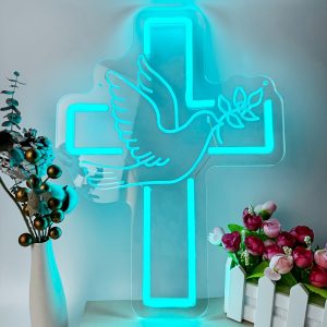 1 pc Peace Cross Neon LED Sign, Wall Decoration Ice Blue Neon Sign,Artistic Sculpture Design Decoration, Great for Christian Easter, Engagement Wedding, Bedroom, Shop, Room, Baby Celebration, New Year's Friends Party Wall Decoration