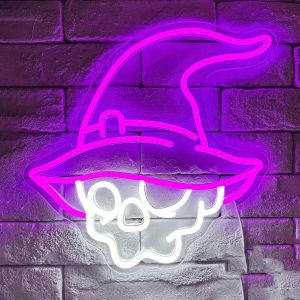 1 pc Witch Hat Skull Halloween Wall Neon Decoration, Dimmable LED Halloween Ambiance Wall Decoration Neon Sign, Great for Halloween Party, Bedroom, Birthday Party, Bar, Shop, Game Room, Club, Room, Friends Gathering Wall Decoration, Preferred for Friends' Family Birthday, Halloween Gift, USB Powered Illuminated Sign Hanging Unit, 5V USB Power Supply