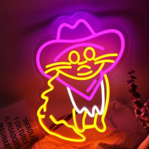 1 Rose Cowboy Hat Cat LED Neon Sign, Wall Decoration Neon Sign for Home, Club, Living Room, Kids Store, Game Room, Men's Cave, Birthday Party Gift, Bedroom and Home Wall Decoration, 5 V USB Power Supply