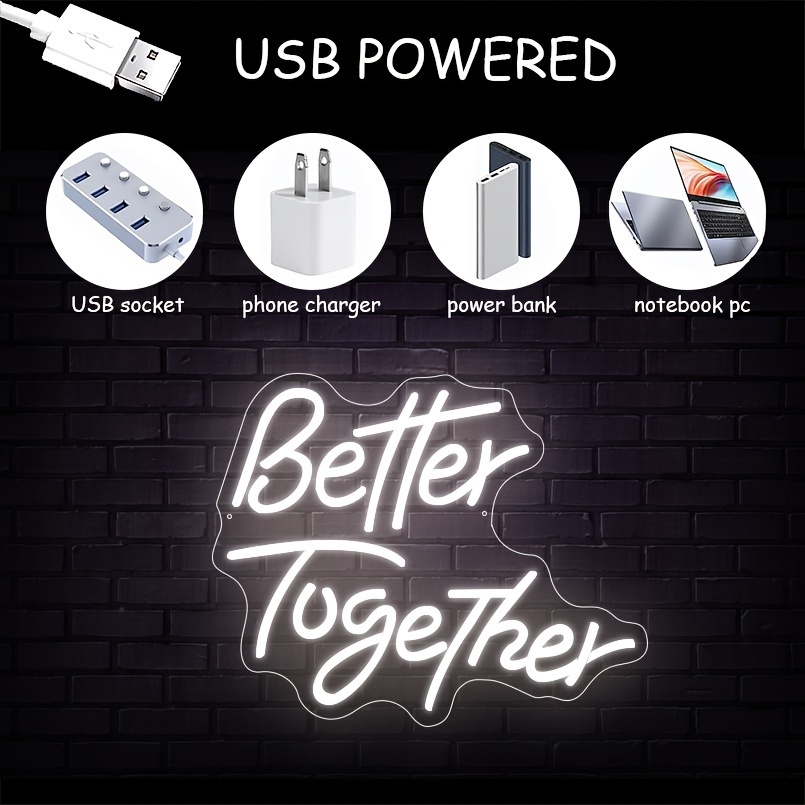 1 pc Bettetr Together LED Neon Sign, Ambient Wall Decoration Neon Sign for Weddings, Engagement Parties, Offices, Game Rooms, Families, Clubs, Living Rooms, Bars, Bedrooms and Home Wall Decorations, Preferred as Birthday and Holiday Gifts for Friends and Family, USB Powered Illuminated Sign Hanging Unit, 5V USB Power Supply - 图片 4