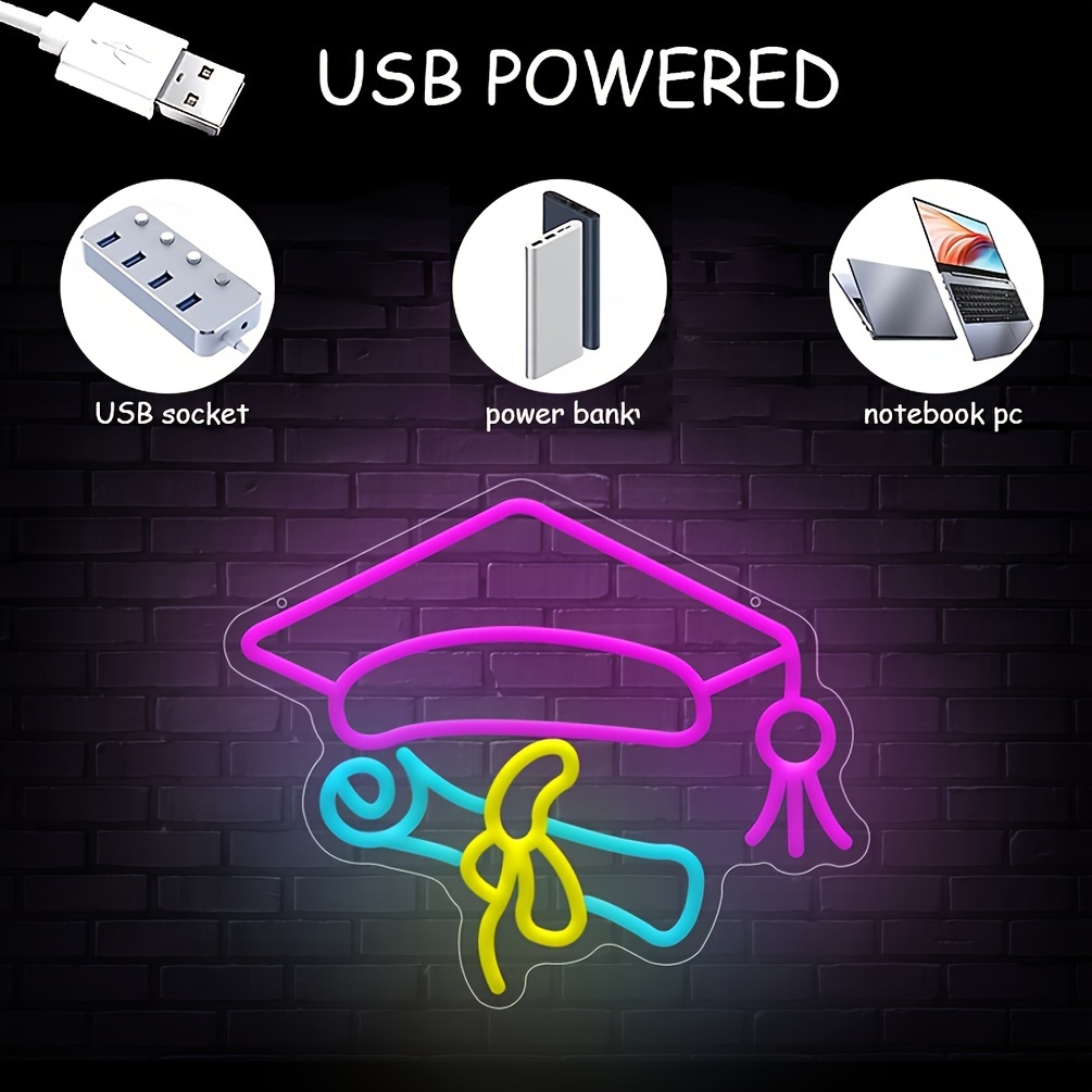 1 pc Graduation cap and certificate LED neon sign, ambient wall decoration neon sign for graduation season, graduation party, living room, bar, club, hotel, game room, as a birthday, graduation gift, bedroom and home wall decoration, USB powered illuminated sign hanging device, 5V USB power supply - 图片 4
