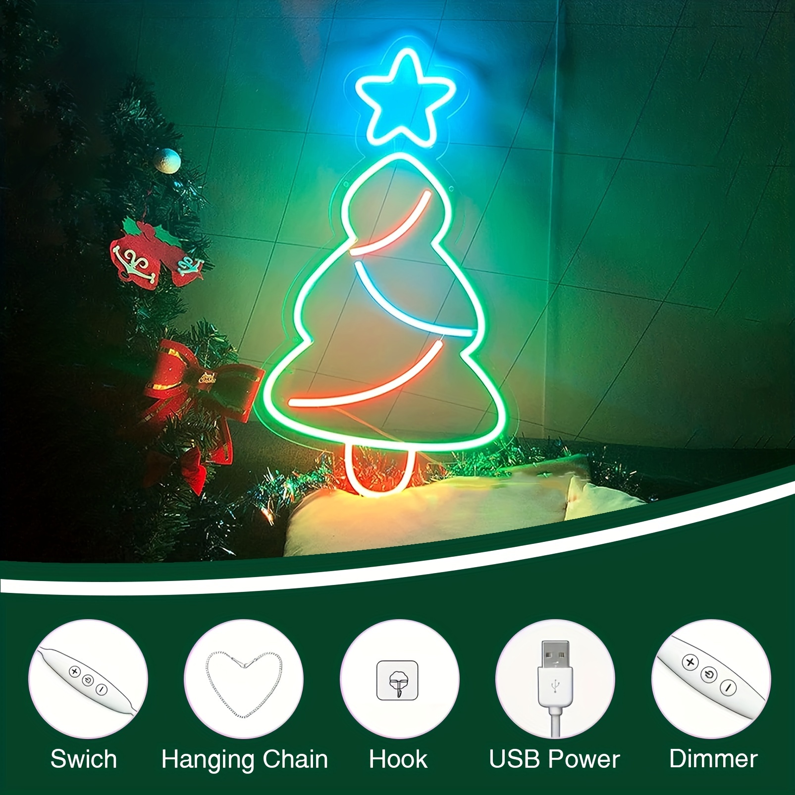 1 pc Christmas Tree Wall Neon Decoration, Dimmable LED Christmas Ambiance Wall Decoration Neon Sign, perfect for Christmas parties, bedrooms, birthday parties, pubs, shops, games rooms, clubs, rooms, friends party wall decorations, as a first choice for friends' family birthdays, Christmas gifts, USB powered illuminated sign hanging device, 5V USB power supply - 图片 4