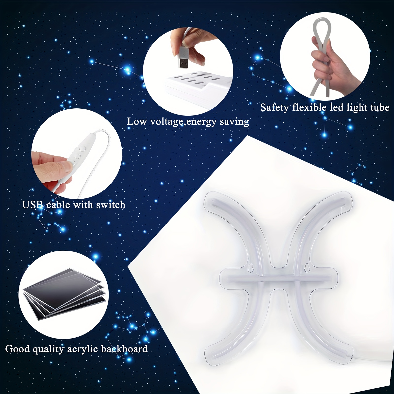 1 pc The Pisces LED Neon Sign, Astrology Horoscope Ambiance Wall Decoration Neon Sign for Home, Party, Living Room, Bar, Club, Game Room, as Birthday, Holiday Gift, Bedroom and Home Wall Decoration, USB Powered Illuminated Sign Hanging Unit, 5V USB Power Supply - 图片 7