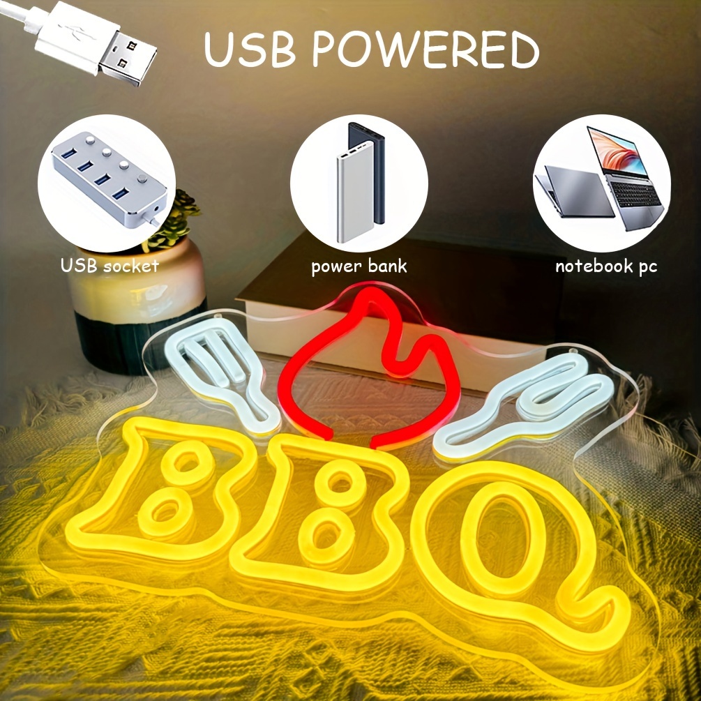 1 pc BBQ Neon Signs BBQ Neon Dimmable LED Signs, Great for Home Parties, BBQ Shops, Restaurants, Beer Bars, Friends Gatherings Wall Decorations, USB Powered Illuminated Sign Hanging Unit, Wall Mounted LED Lights, 5V USB Power Supply - 图片 4