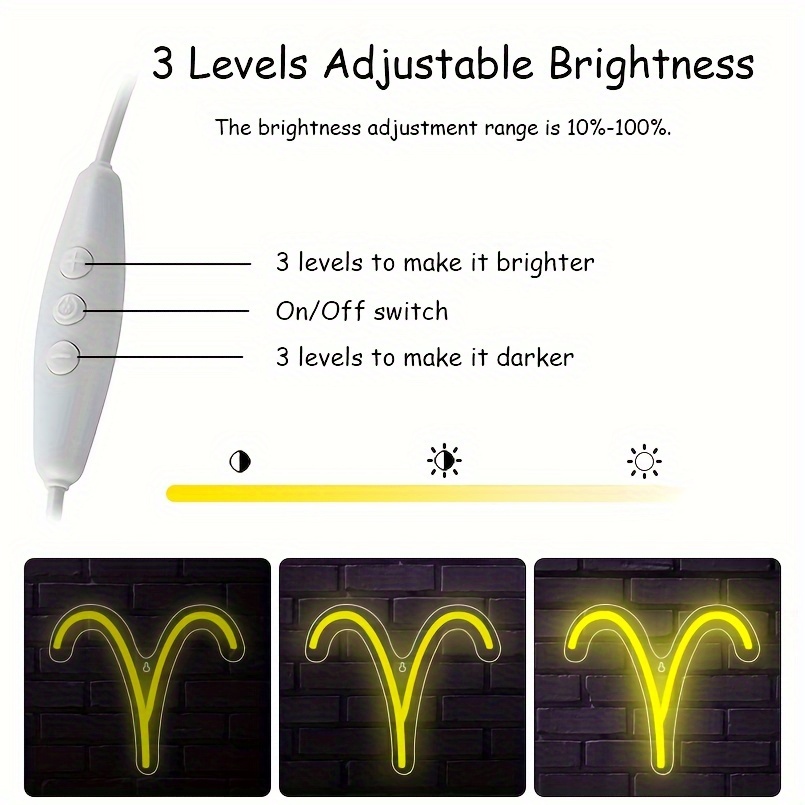 1 pc The Aries LED Neon Sign, Astrology Horoscope Ambiance Wall Decoration Neon Sign for Home, Party, Living Room, Bar, Club, Game Room, as Birthday, Holiday Gift, Bedroom and Home Wall Decoration, USB Powered Illuminated Sign Hanging Unit, 5V USB Power Supply - 图片 5