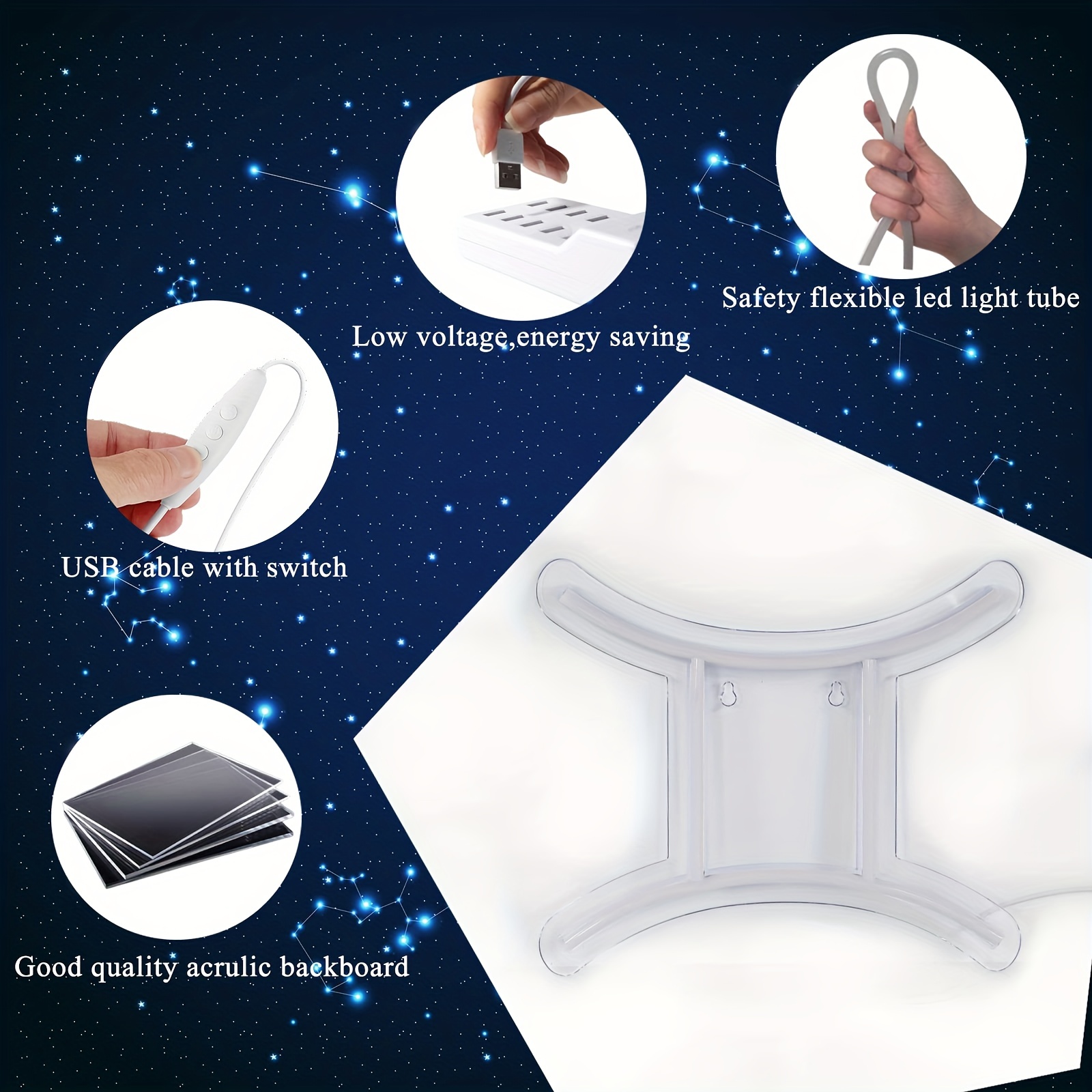 1 pc The Gemini LED Neon Sign, Astrology Horoscope Ambiance Wall Decoration Neon Sign for Home, Party, Living Room, Bar, Club, Game Room, as Birthday, Holiday Gift, Bedroom and Home Wall Decoration, USB Powered Illuminated Sign Hanging Unit, 5V USB Power Supply - 图片 7