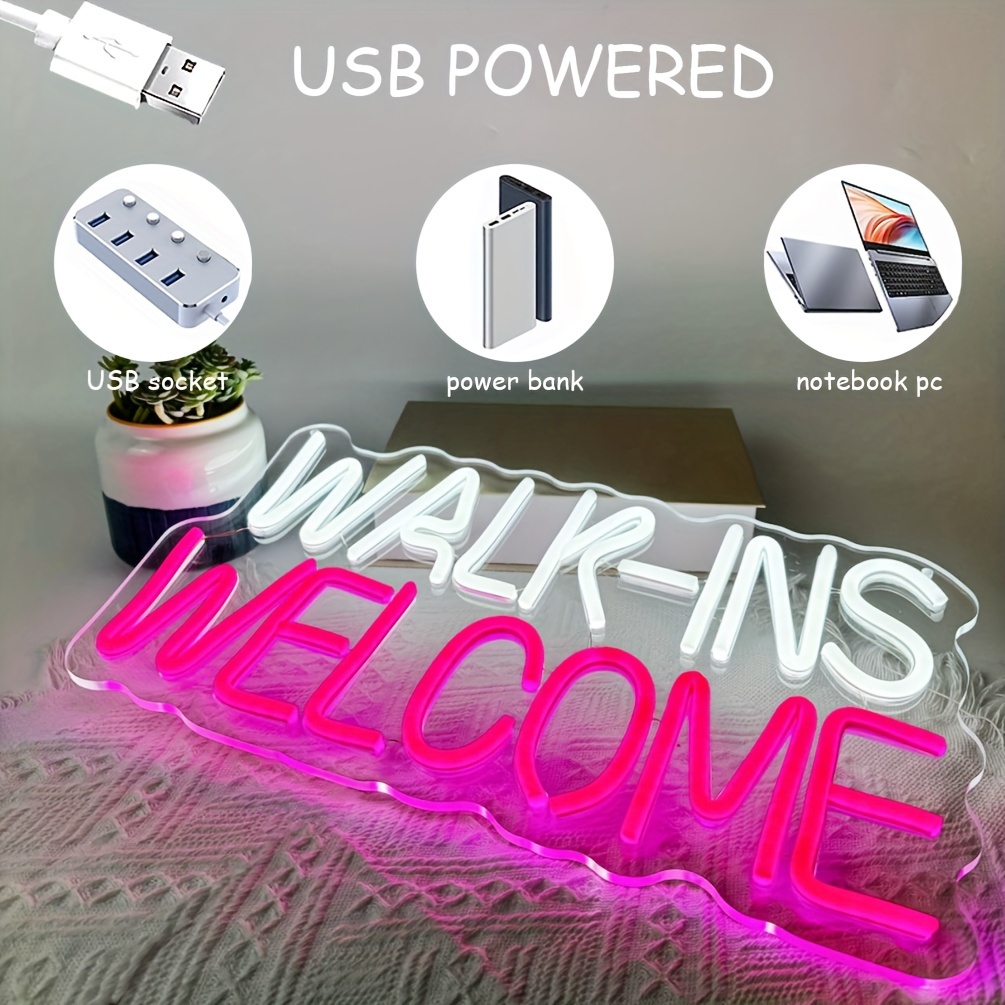 1 pc Walk Ins Welcome Neon LED Sign, Business Decorative Neon Sign, Great for Parties, Meeting Rooms, Bars, Shops, Coffee Shops, Friends Gatherings Wall Decoration, 5V USB Power Supply - 图片 4