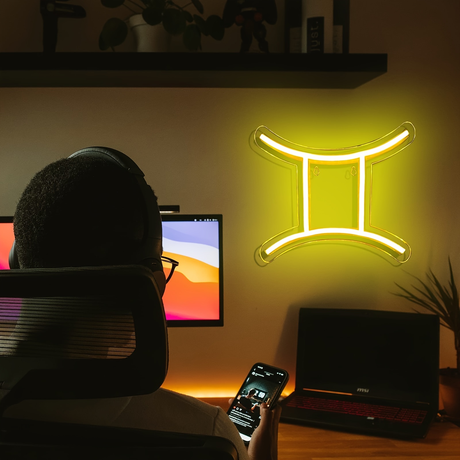 1 pc The Gemini LED Neon Sign, Astrology Horoscope Ambiance Wall Decoration Neon Sign for Home, Party, Living Room, Bar, Club, Game Room, as Birthday, Holiday Gift, Bedroom and Home Wall Decoration, USB Powered Illuminated Sign Hanging Unit, 5V USB Power Supply - 图片 2