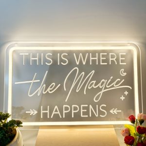 1 pc This is Where The Magic Happens Warm White LED Neon Sign, Wall Decor Neon Sign, Artistic Sculpture Design Decoration, Great for Birthday, Engagement, Bachelorette Party, Bar, Bedroom, Office, Friends Party Wall Sign Decoration