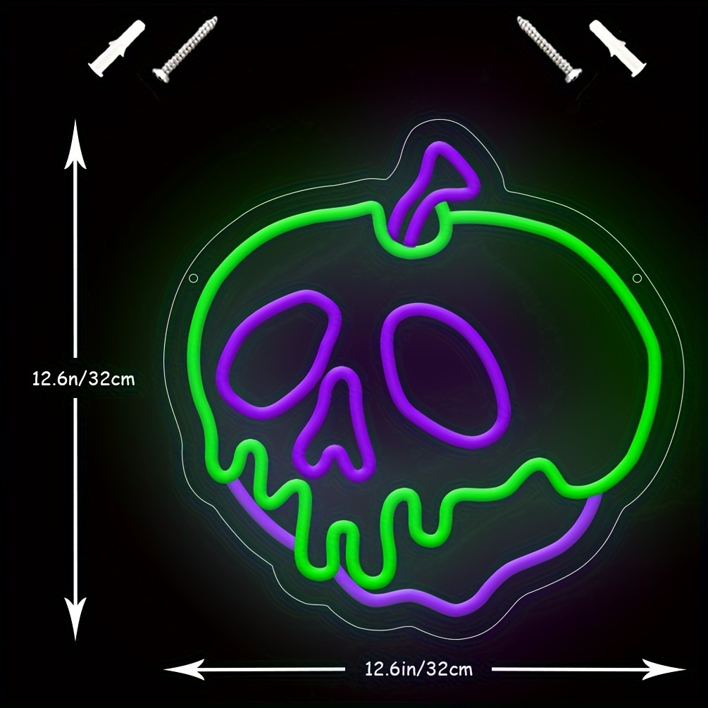 1 pc Halloween Apple Neon Signs Skull Apple LED Neon Wall Decorations, Dimmable LED Halloween Skull Decorative Lights for Halloween Parties, Bedrooms, Bars, Shops, Rooms, Clubs Wall Decorations, 5 V USB Power Supply - 图片 3