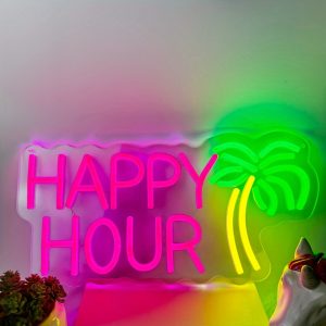 1 pc Happy Hour Neon LED Sign, Wall Decoration Coconut Palm Tree Rose Red Letter Neon Sign, Great for parties, clubs, coffee shops, hotels, bedrooms, pubs, shops, rooms, friend gatherings, game room wall decorations, 5V USB Power Supply
