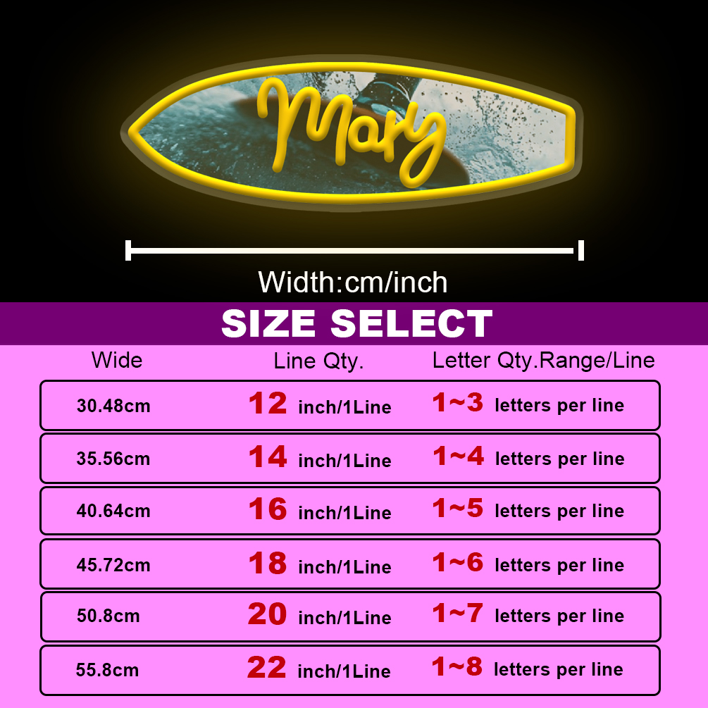 Customised neon signs featuring surfboard images and names, UV-printed graphics, personalised LED neon lighting. Perfect for bars, clubs, surf parks, water parks, beaches, living rooms and home décor. An ideal unique gift for surf enthusiasts, parties, housewarmings and more! - 图片 3