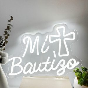 1 pc Mi Bautizo Neon LED Sign, Wall Decoration White Alphabet Neon Sign, Ideal for Children's Birthday Parties, Christening Parties, Christmas, Bedrooms, Home, Rooms, Gardens, Pubs, Easter, Bars, Shops, Friends Gatherings Wall Decorations