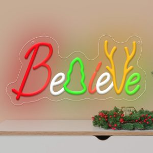 1 pc Believe Christmas Wall Neon Decoration,Dimmable LED Christmas Ambiance Wall Decoration Neon Sign, perfect for Christmas parties, bedrooms, birthday parties, pubs, shops, games rooms, clubs, rooms, friends party wall decorations, as a friend's family birthday, Christmas gift preferred, USB powered light up sign hanging device, 5V USB power supply