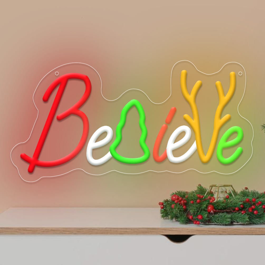 1 pc Believe Christmas Wall Neon Decoration,Dimmable LED Christmas Ambiance Wall Decoration Neon Sign, perfect for Christmas parties, bedrooms, birthday parties, pubs, shops, games rooms, clubs, rooms, friends party wall decorations, as a friend's family birthday, Christmas gift preferred, USB powered light up sign hanging device, 5V USB power supply