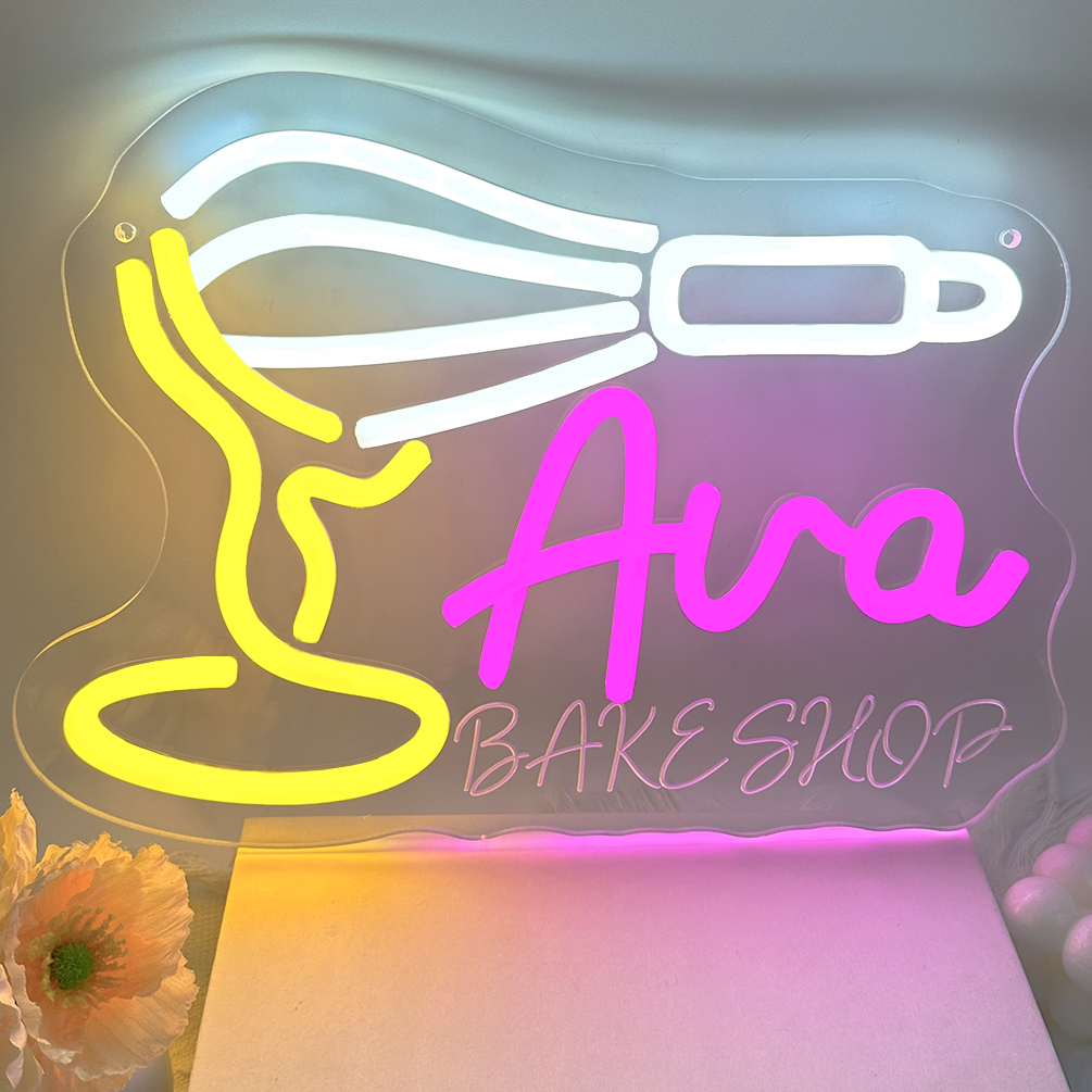 Custom neon sign featuring a whisk and name, personalised baking LED neon light, perfect for restaurants, bakeries, DIY parties, kitchens, living rooms and home décor. An ideal unique gift for DIY parties, bakeries, housewarming celebrations and more!