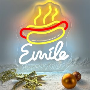 Customised neon signs featuring hot dog shapes and names, personalised LED neon displays perfect for restaurants, fast food outlets, hot dog stands, parties, bars, living rooms and home décor. An ideal unique gift for parties, bedrooms, housewarmings and more!