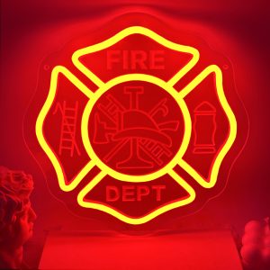 Customised neon signs featuring firefighters and names, with 3D engraving and LED illumination displaying fire service emblems and symbols. Ideal for fire departments, firefighters, games rooms, living areas and home décor. Makes a unique gift for firefighters, housewarming celebrations and more!