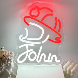 Customised neon signs featuring firefighter motifs and names, personalised LED neon lighting perfect for fire departments, firefighters, games rooms, living spaces and home décor. An ideal unique gift for firefighters, housewarming celebrations and more!