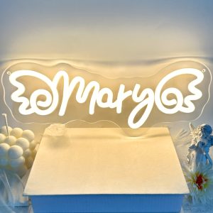 Custom neon signs featuring angel wings and personalised names. Ideal for graduation season, weddings, parties, offices, living rooms and home décor. The perfect unique gift for graduations, weddings, parties, clubs, housewarmings and more!