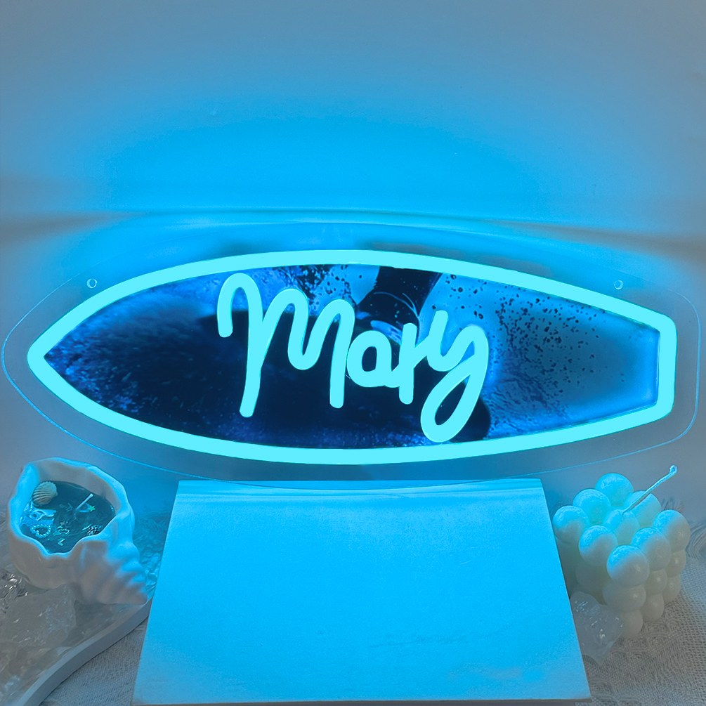 Customised neon signs featuring surfboard images and names, UV-printed graphics, personalised LED neon lighting. Perfect for bars, clubs, surf parks, water parks, beaches, living rooms and home décor. An ideal unique gift for surf enthusiasts, parties, housewarmings and more!